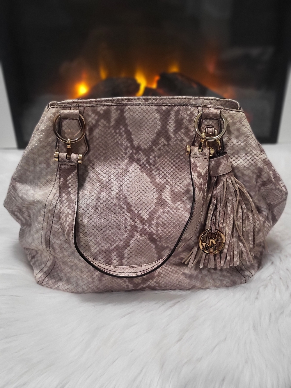 Michael Kors Taupe Snake-Embossed Tote with Tassel - Picture 3 of 8